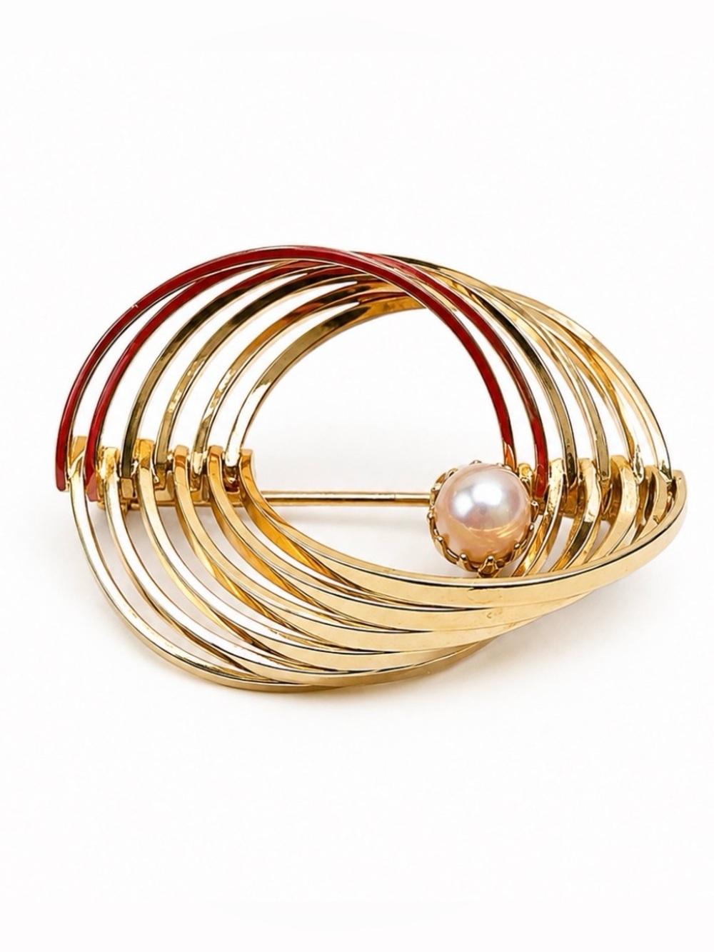 Vintage Gold Tone Swirl Brooch Faux Pearl Accent
